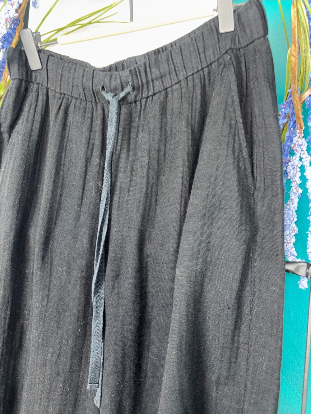 Eileen Fisher Black Wide-Leg Drawstring organic cotton raw hem crinkle gauzy - Picture 5 of 7